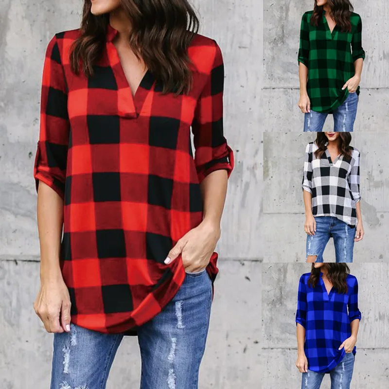 

Fashion Plaid V-neck T-Shirt Woman Top Summer T Shirt Women Clothes Ladies Tops Casual Beach Sun Blusas