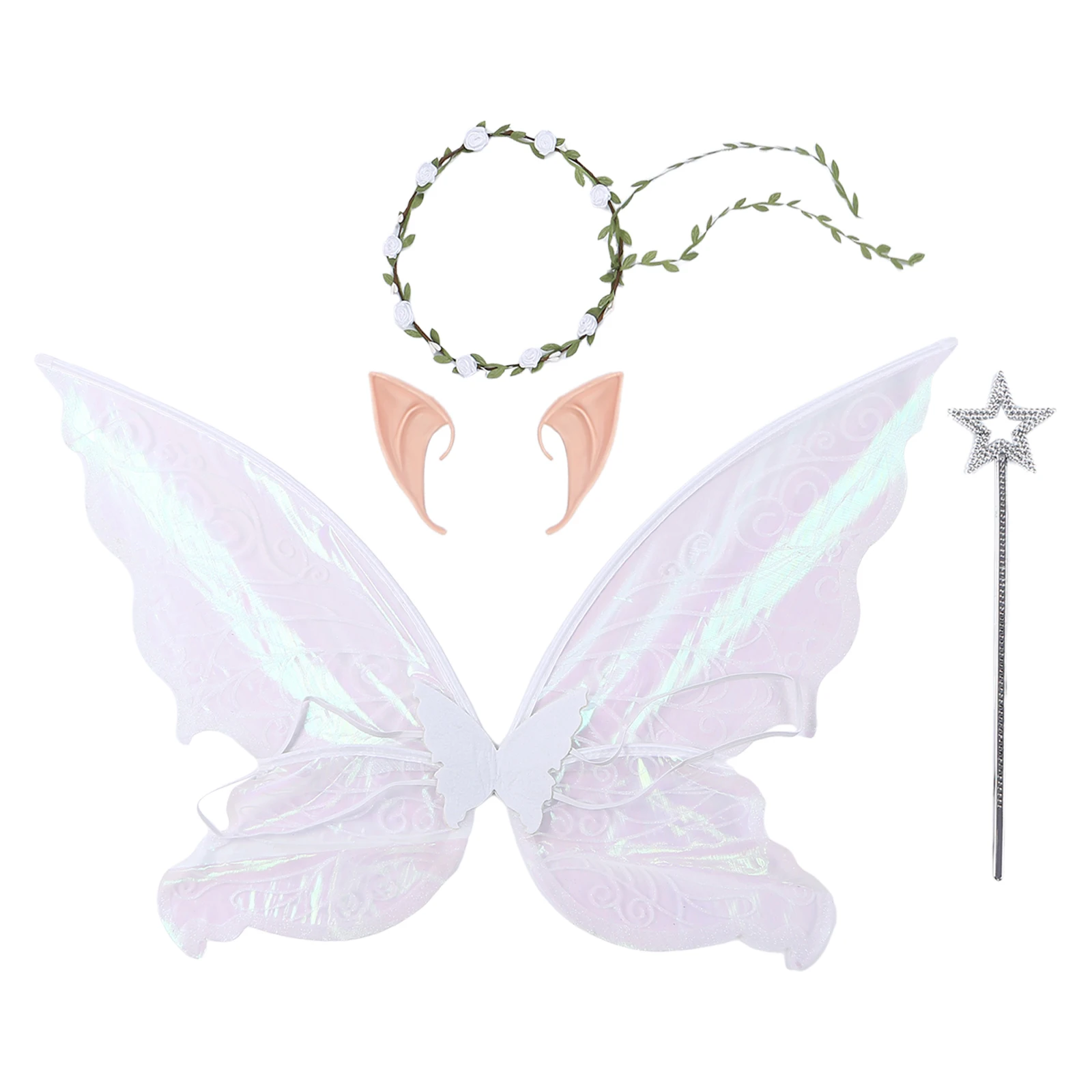 Girls Green Fairy Cosplay Props Butterfly Wings Headband Elf Ears Magic Wand Halloween Party Cosplay Fancy Dress Up Sets