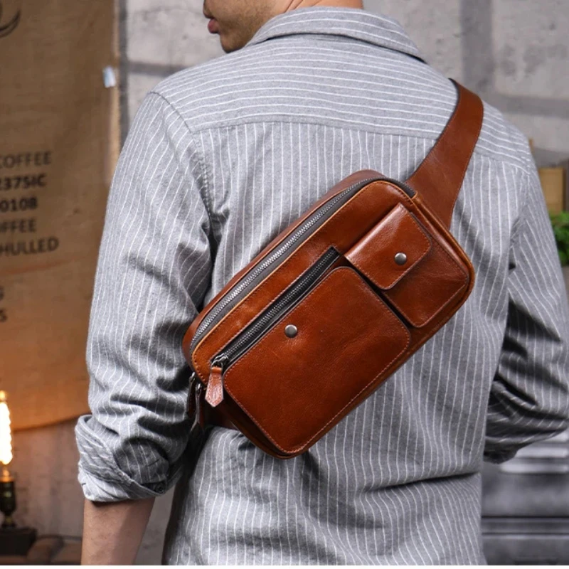 YETTIES Men's Vintage Top Grain Leather Chest Crossbody Bag | Multi-Function Shoulder Sling for Commute & Daily Use Casual Bag