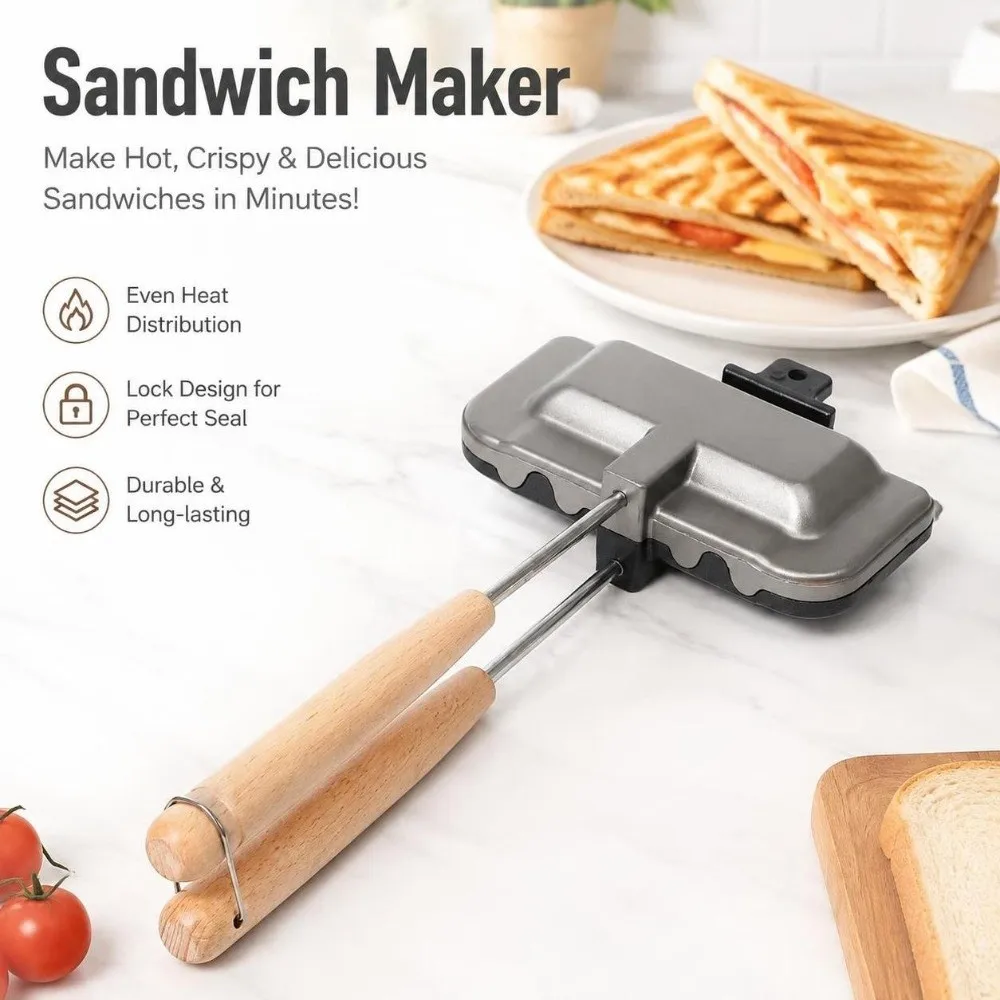 Die Cast Aluminum Sandwich Maker Non Stick Coating Removable Handle Panini Press Easy Clean Crimped Edge