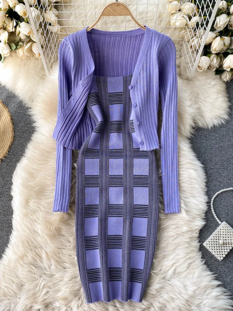 Women knit two piece set plaid print spaghetti strap bodycon mini dress and long sleeve knit cardigan suits womens clothing sets