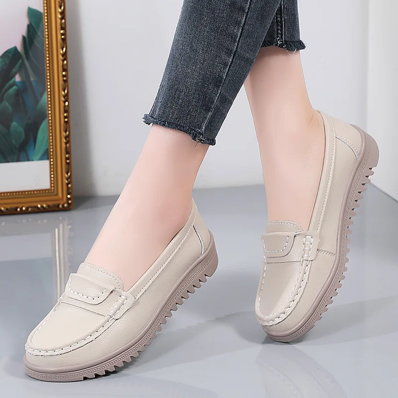 2025 Women Shoes Spring Fashion Black Leather Slip-on Loafers Women's Non-slip Casual Shoes Zapatos Mujer Flat Shoes for Ladies