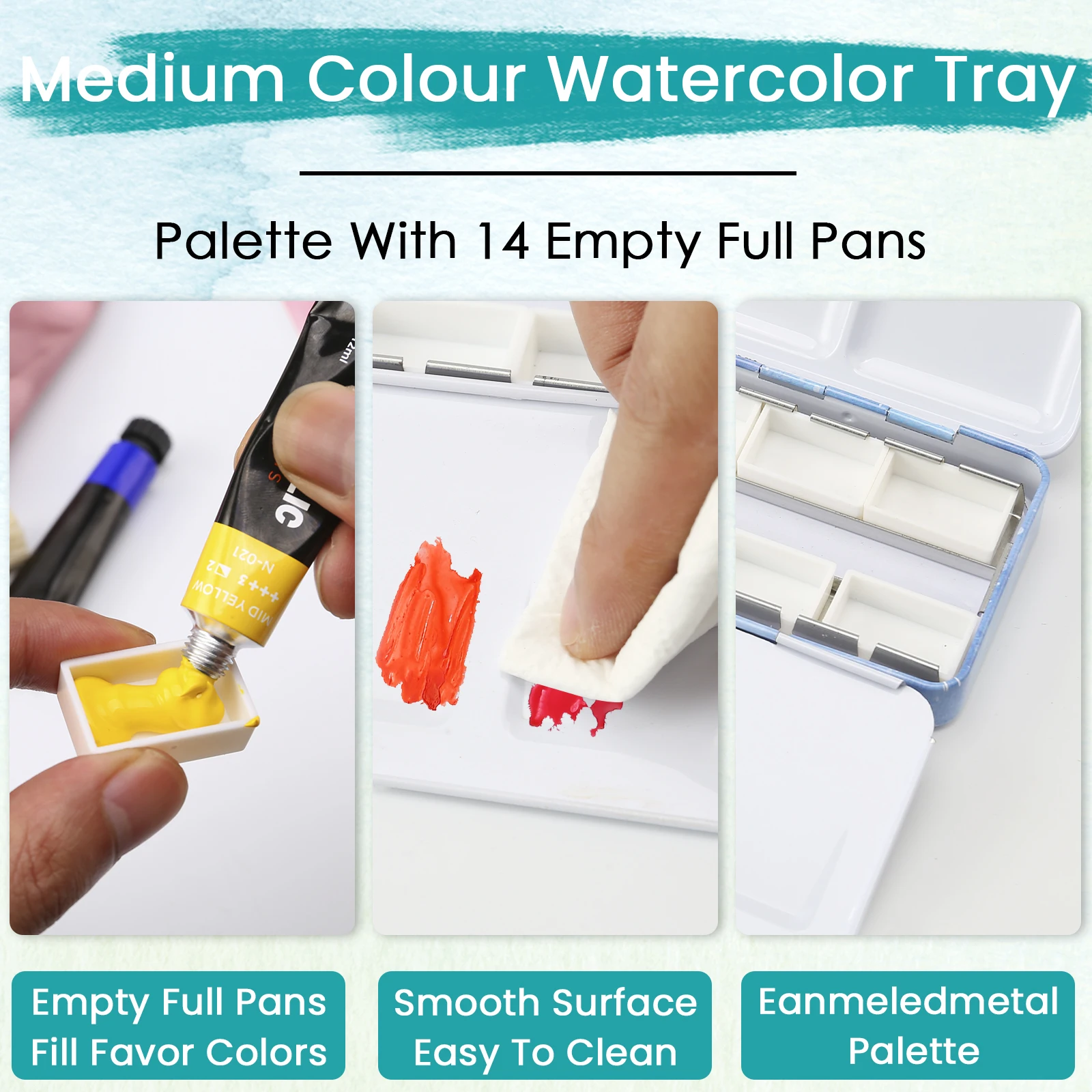 Watercolor Palette Empty w/Removable Paint Tray & 14PCS Empty Watercolor Full Pans - Travel Watercolor Palette with Lid