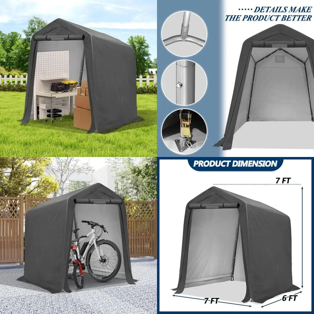 سقيفة تخزين خارجية محمولة شديدة التحمل - مرآب بطول 6 × 7 أقدام مع نوافذ تهوية وأبواب قابلة للطي للتخزين