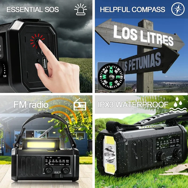 FFYY-Emergency Weather Radio FM/AM/WB,Portable Hand Crank Radio,Flashlight ,Solar Powered 10000Mah For Outdoor Camping