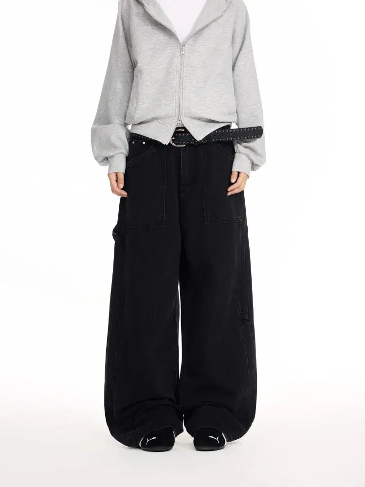 Men's Big Pocket Simple Jeans Street Sweatpants Boy Casual Pants Summer Wide Legs Bottom Male High Waist Vintage Trousers