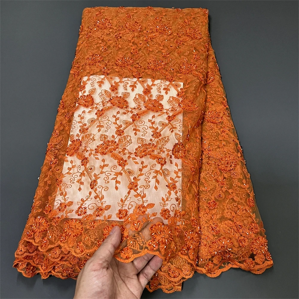 

2025 африканская нигерийская вышивка блестками, высококачественная тюль, кружевная ткань, швейные бусины, камень для выпускных платьев, 5 ярдов ZJ018