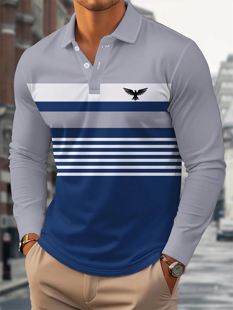 Men's Long-Sleeve Polo Shirt Autumn 2026 Minimalist Striped Color-Block and Printed Design Loose Fit Outdoor Street-Style Top