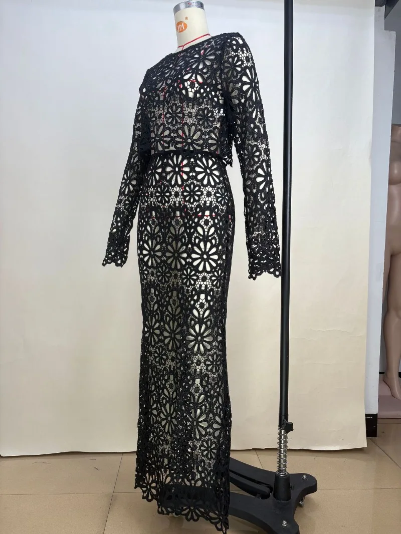 Floral Lace Crochet Hollow Out Holiday Beach 2 Piece Set Cover Ups Women See Through O Neck Long Sleeve Crop Tops + Maxi Skirts