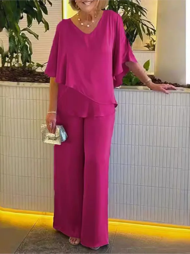 Spring Summer Solid Color Pants Sets Women Irregular Half Sleeves T Shirt Wide Leg Trousers Two Piece Set Casual Female Clothing