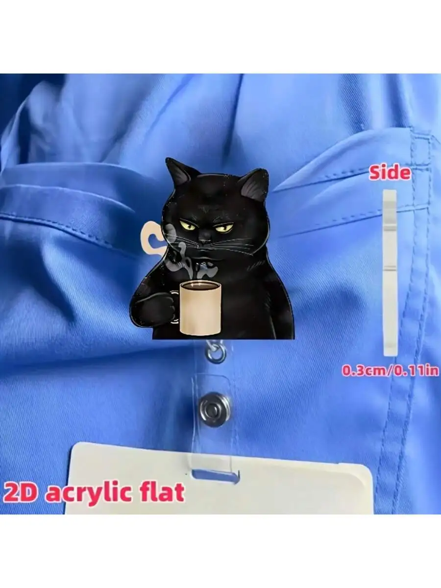 1pc cute teacup black cat retractable badge clip, 2D acrylic with durable nylon cord, suitable for office workers, nurses