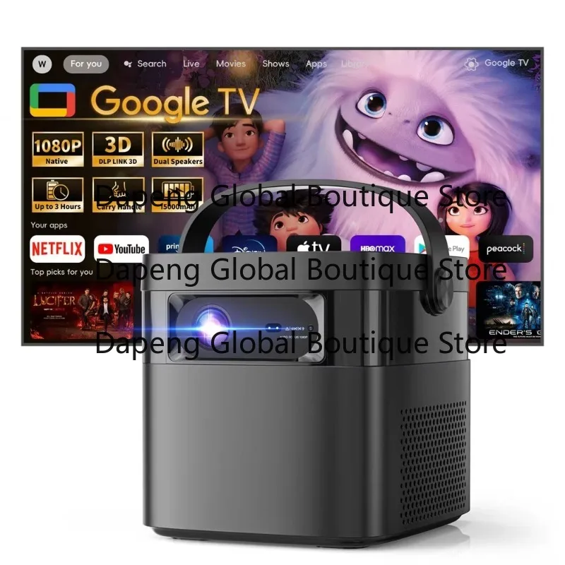 Portable Built-in Battery Smart Android Projector Voice Control Home Theater Projection Device With Dual High Power Speakers