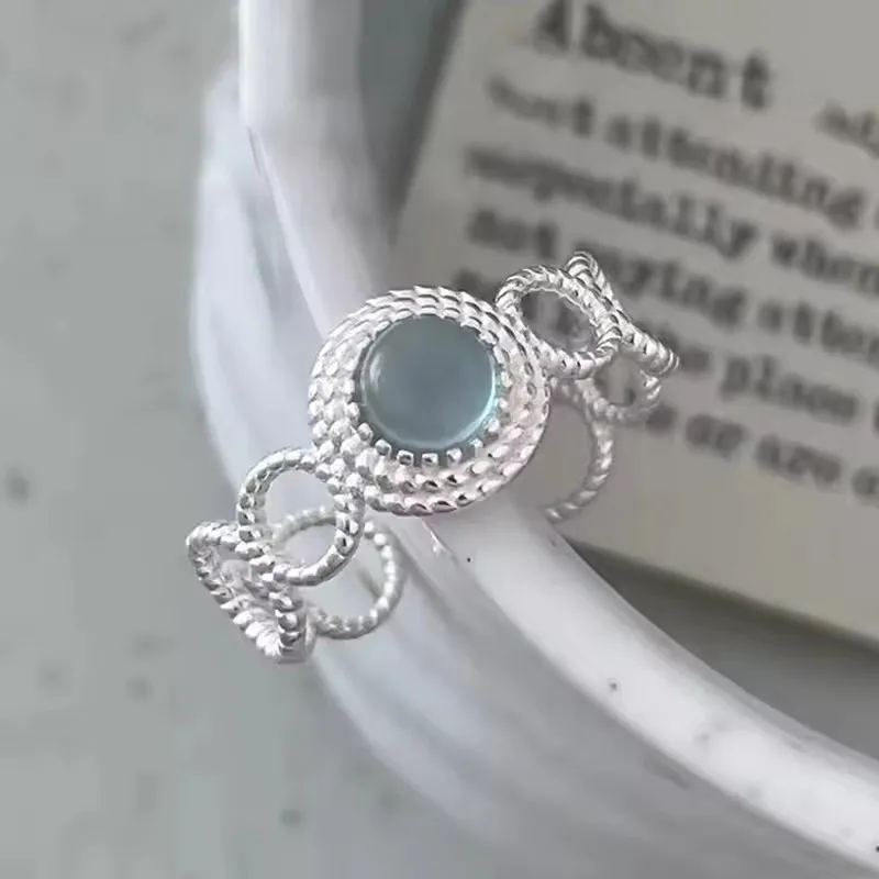 

Korean Sweet Aquamarine Lace Beaded Edge Cuff Finger Rings For Women Fashion New Jewelry Gift Party Beach Vacation