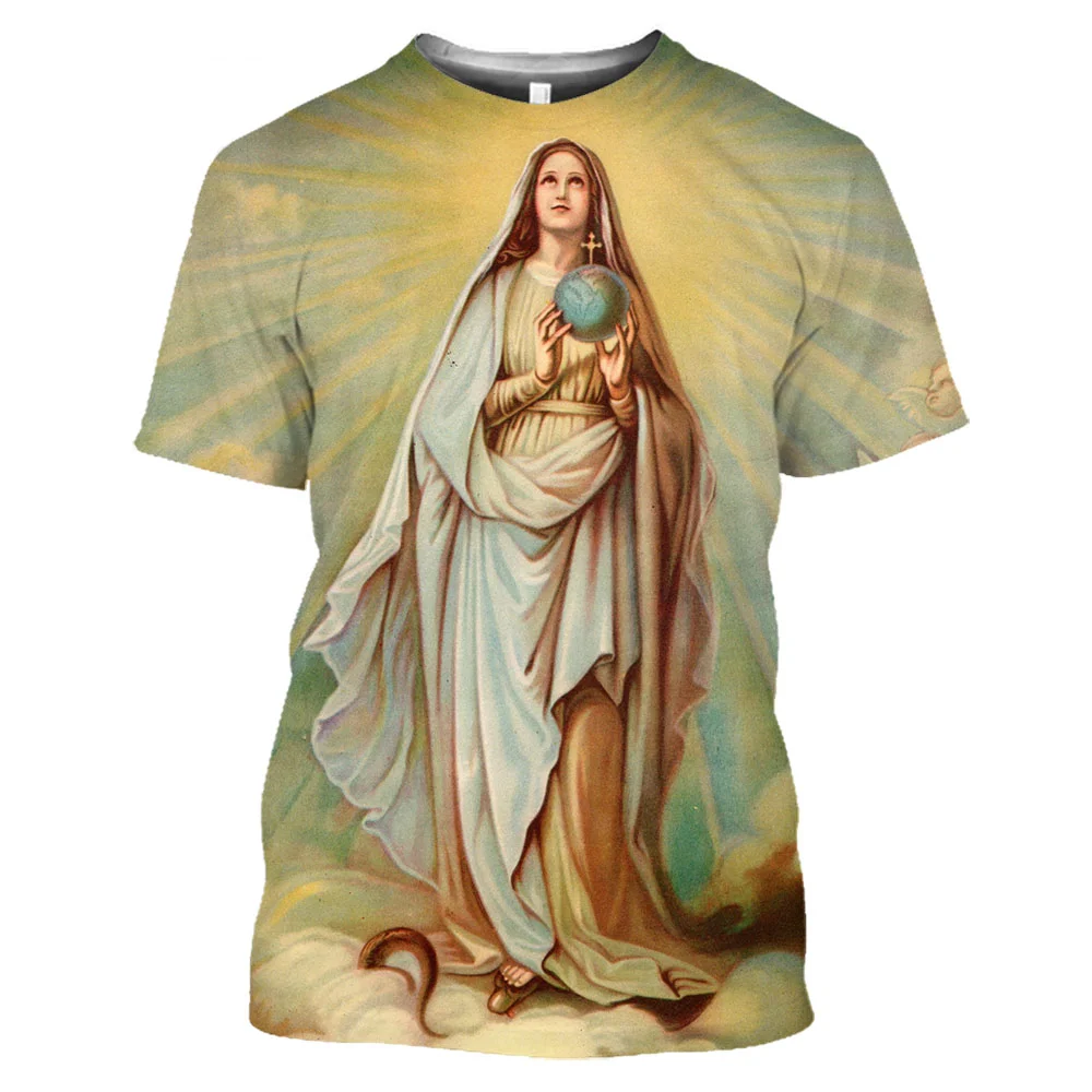 Fashion T-Shirt for Women 3D Print Catholic Virgin Mary Pattern Round Neck Short Sleeve Tees Y2k Casual Retro Streetwear Tops