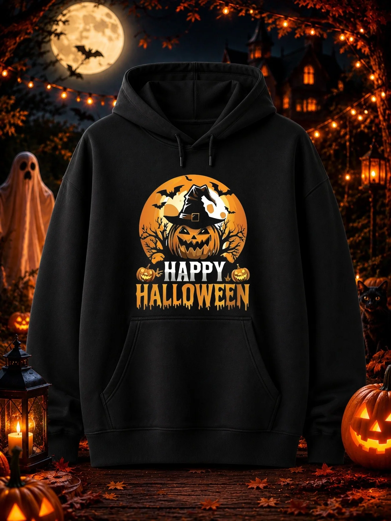Men's Print Hoodie: a Jack-O-Lantern Wearing a Witch's Hat Sits in front of the Full Moon, with Flying Bats, Bare Trees, and Two Small Pumpkins Patterned in a Creepy Melting Style Beneath the Words 'HAPPY' and 'HALLOWEEN'
