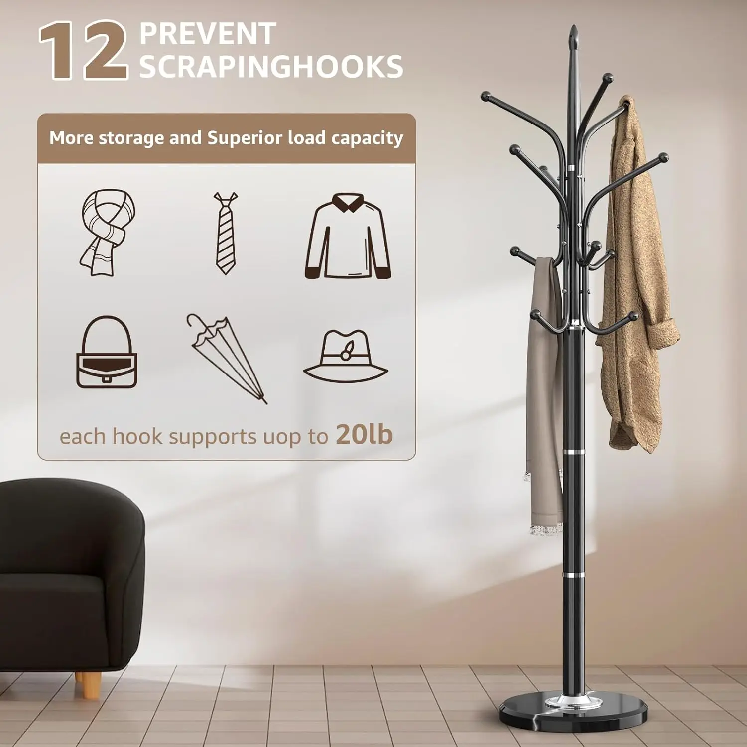 Freestanding Heavy Duty Coat Rack with Marble Base, 12 Hooks, Adjustable Height for Entryway and Office