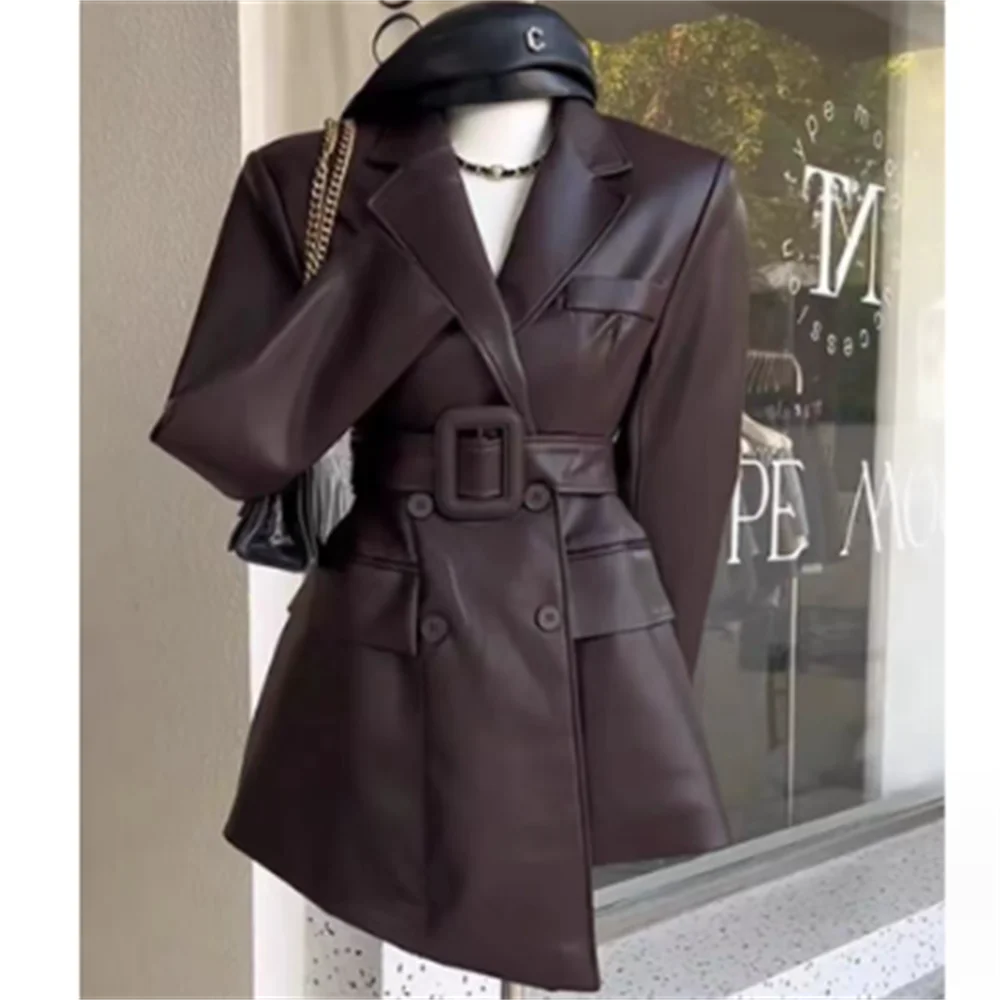 

Autumn PU Leather women jacket belt new irregular casual coat