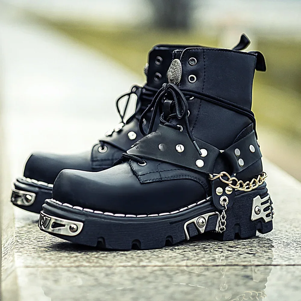 Men's Fashion Genuine Leather Motorcycle Boots Gothic Skull Punk Short Boots Unisex Mid-calf Boots Metallic Platform Western