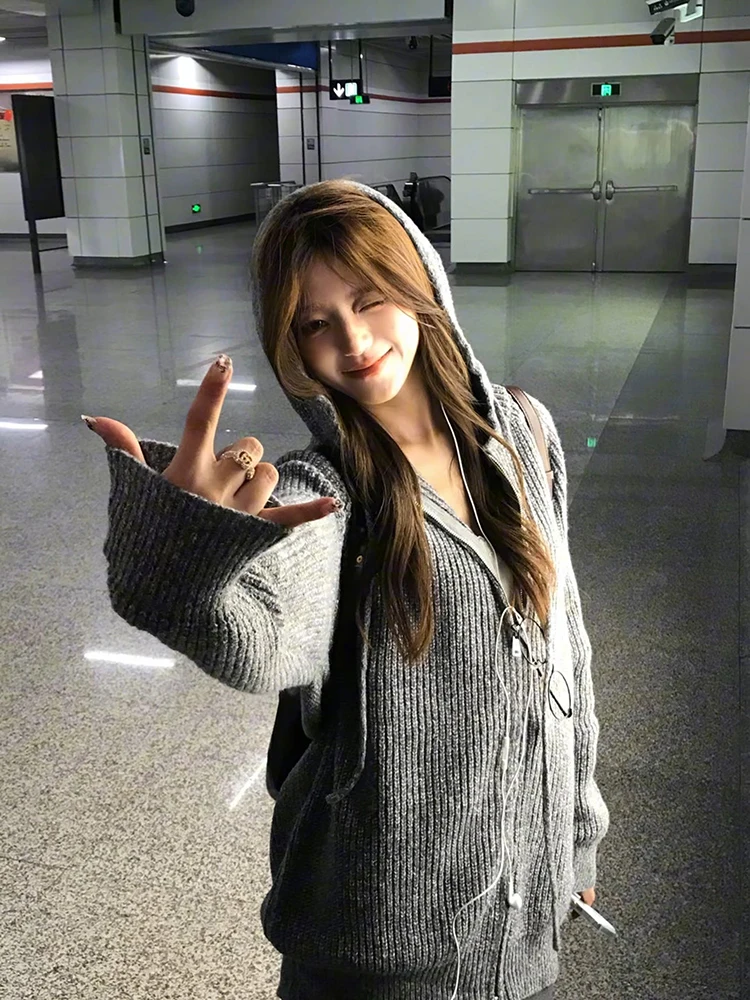 

Свитер на молнии в американском стиле ретро, ленивый высококачественный открытый кардиган, мужской осенне-зимний вязаный топ с капюшоном, повседневный свободный крой