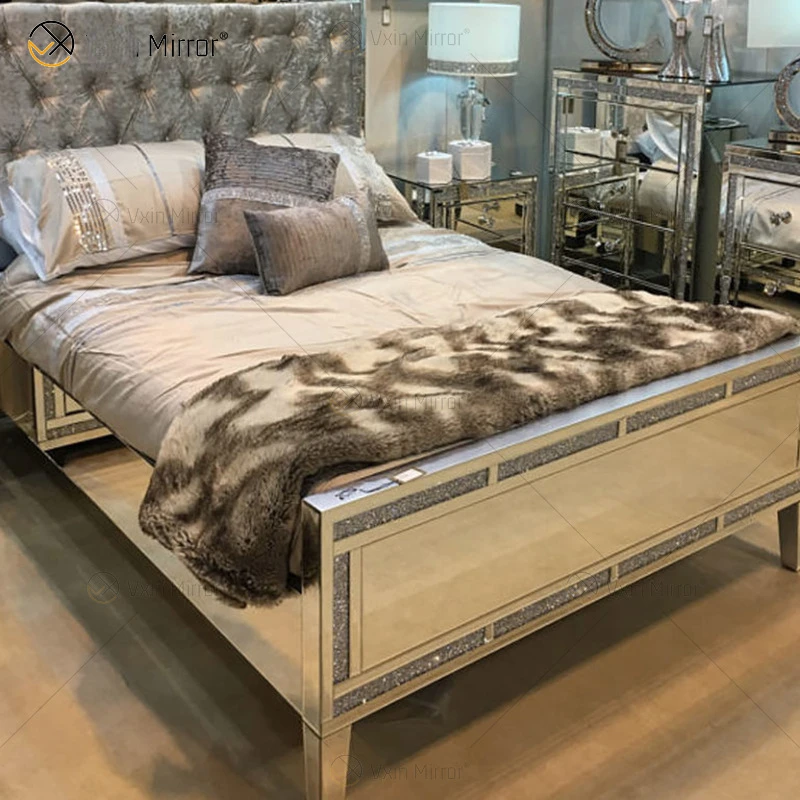 Factory direct sales mirror facing king size bed, bedroom furniture, glass veneer, diamond trim bed