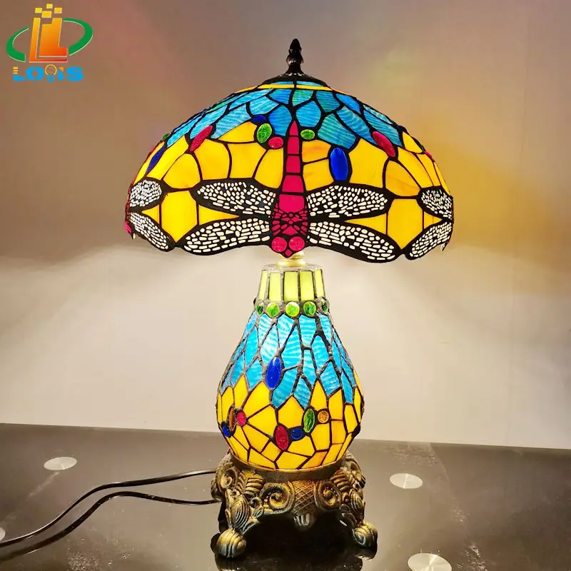 

12 Inch American Style Dragonfly Table Lamp Tiffany Lamp Bedroom Bedside Bar Living Room Decorative Lamp Glass Retro E27