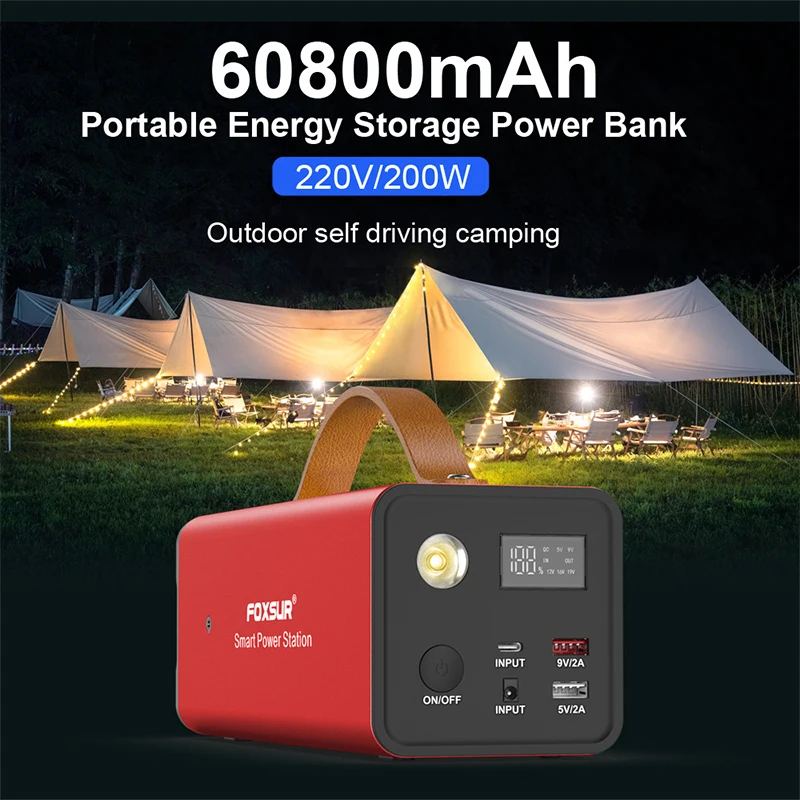 60800mAh Power Bank 200W Outdoor Power Supply 220V AC Output LCD Screen Display QC3.0 Fast Charging Portable Power Bank Station