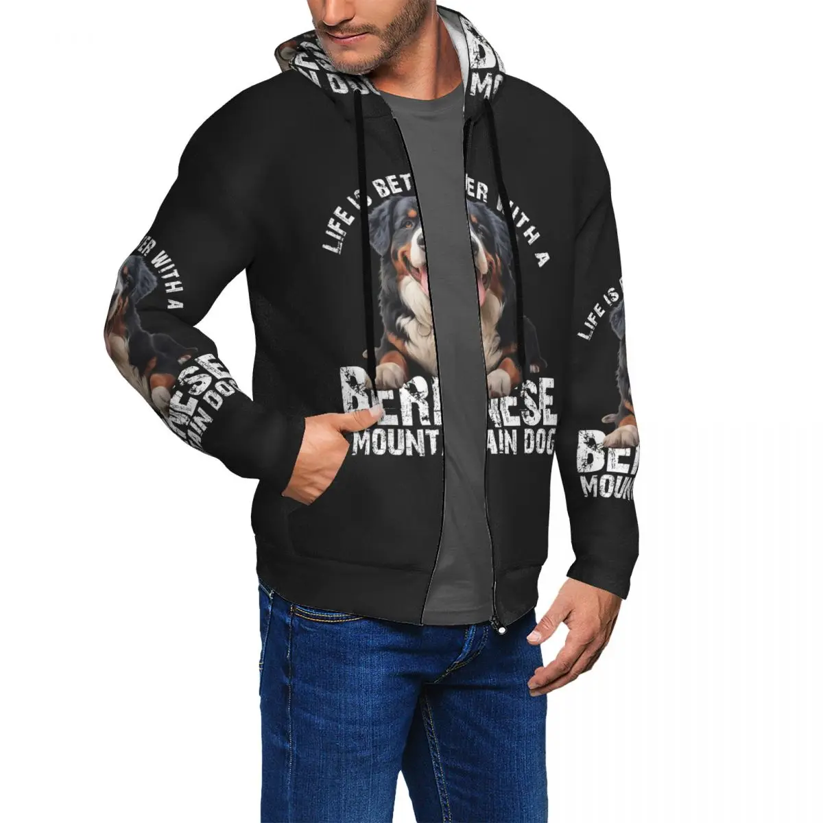 Bernese Mountain Dog Zipper Hoodie Hip Hop Pullover Autumn Winter Men Women Sweatshirt Long Sleeve Tops