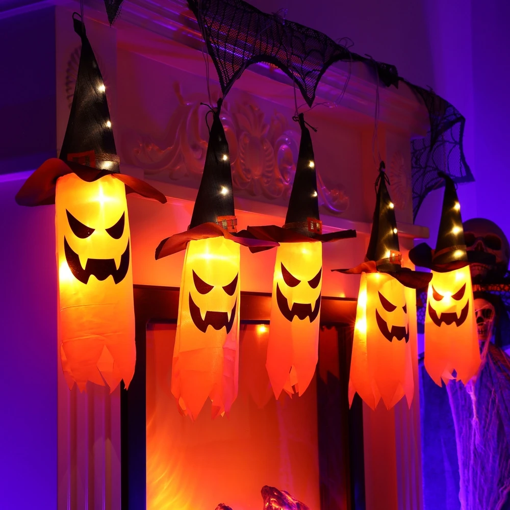 Lámpara LED de calabaza para decoración de Halloween, luz intermitente de Gypsophila, Festival de fantasmas, vestido brillante, sombrero fantasma, linterna colgante