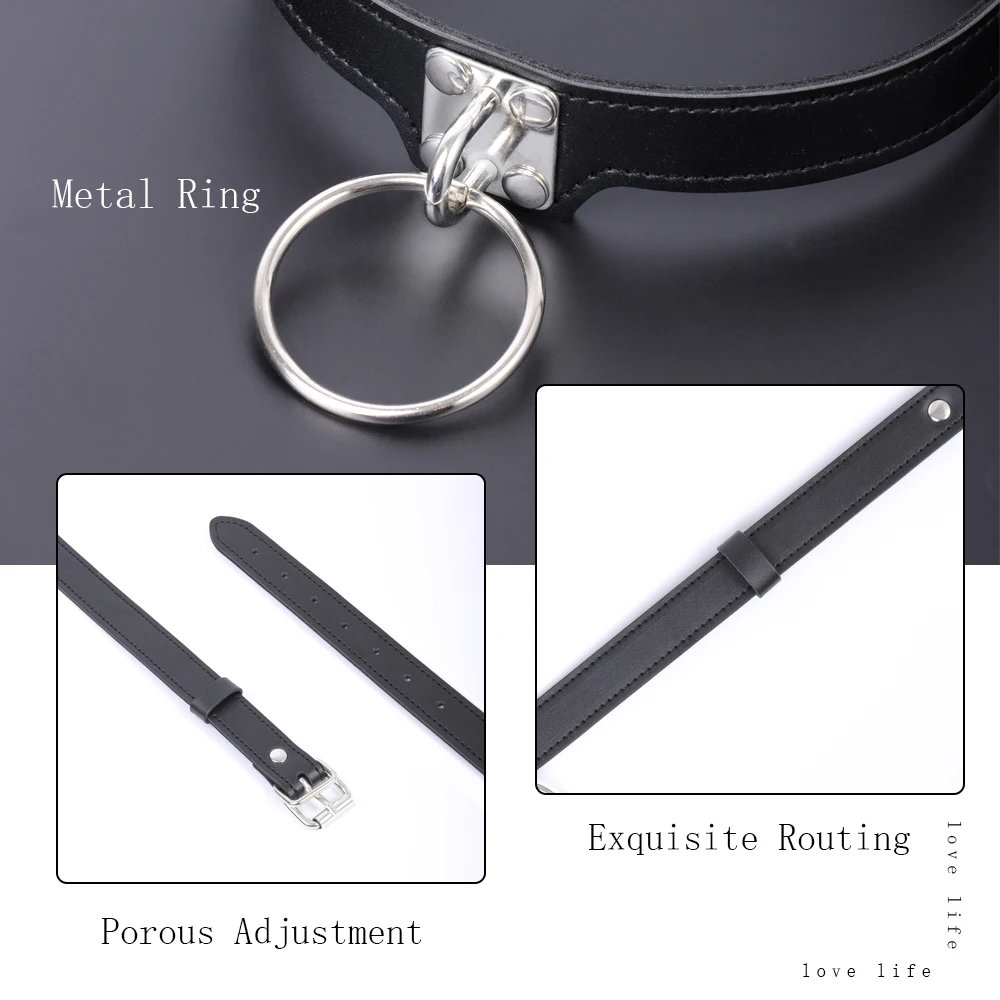 Colar de couro bondage com anel de metal para mulheres e casais, BDSM Restraint, colar ajustável, brinquedos para adultos