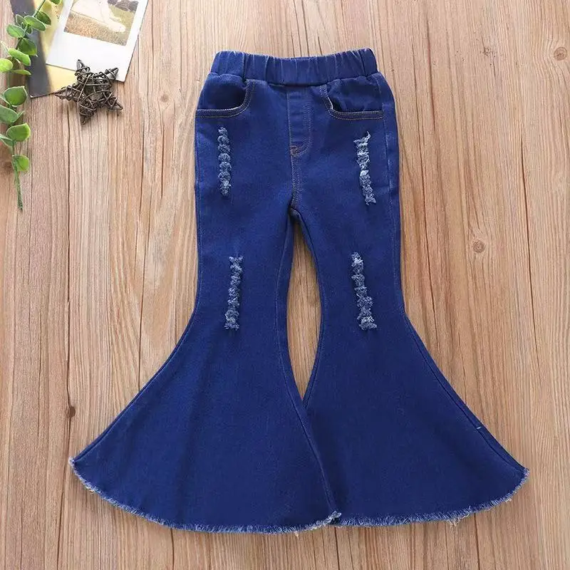 European Style Kids Denim Flared Trousers Black Ripped Stretch Slim Jeans for Girls for 18M-6Y