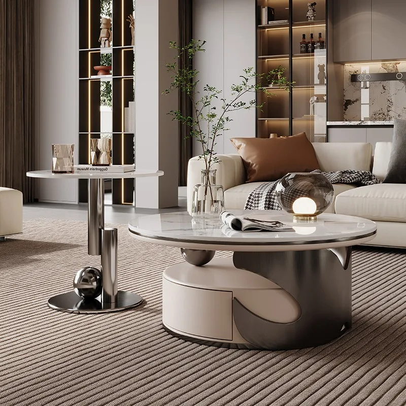 Light luxury modern rock slab size round combination coffee table living room simple household size apartment high-end new model