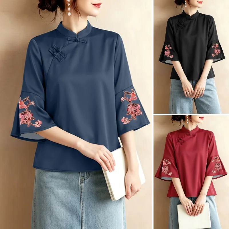 ZANZEA Chinesischer Stil Vintage Damenbluse, elegantes Arbeitshemd mit Stehkragen und 3/4-Ärmeln, bedruckte Oberteile mit Knöpfen, Blusas