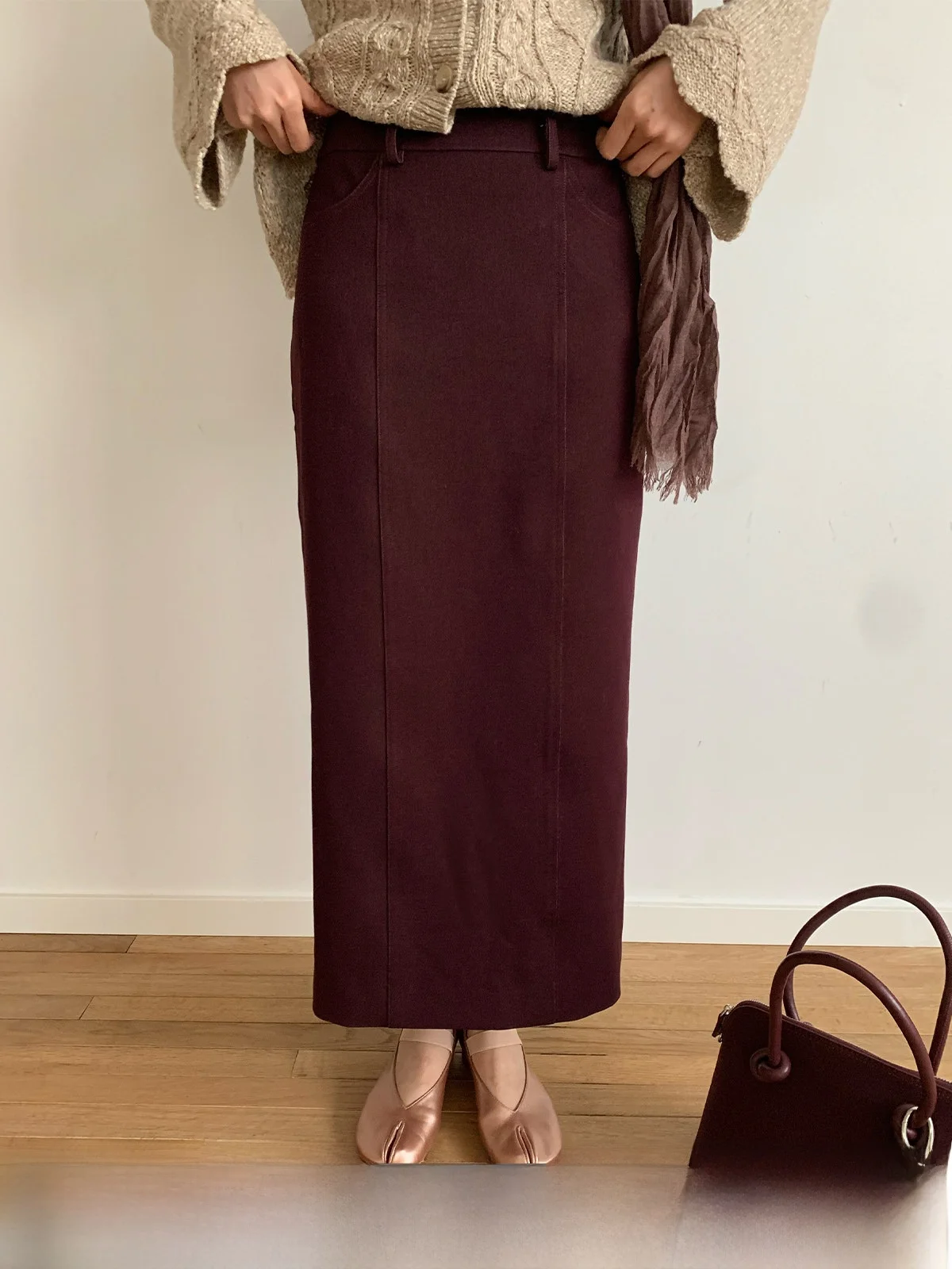 Dorydory Straight Cut Versatile Angora Red Midi Skirt Bodycon Skirt 2024 New Style Polyester Viscose Spandex Blend Material