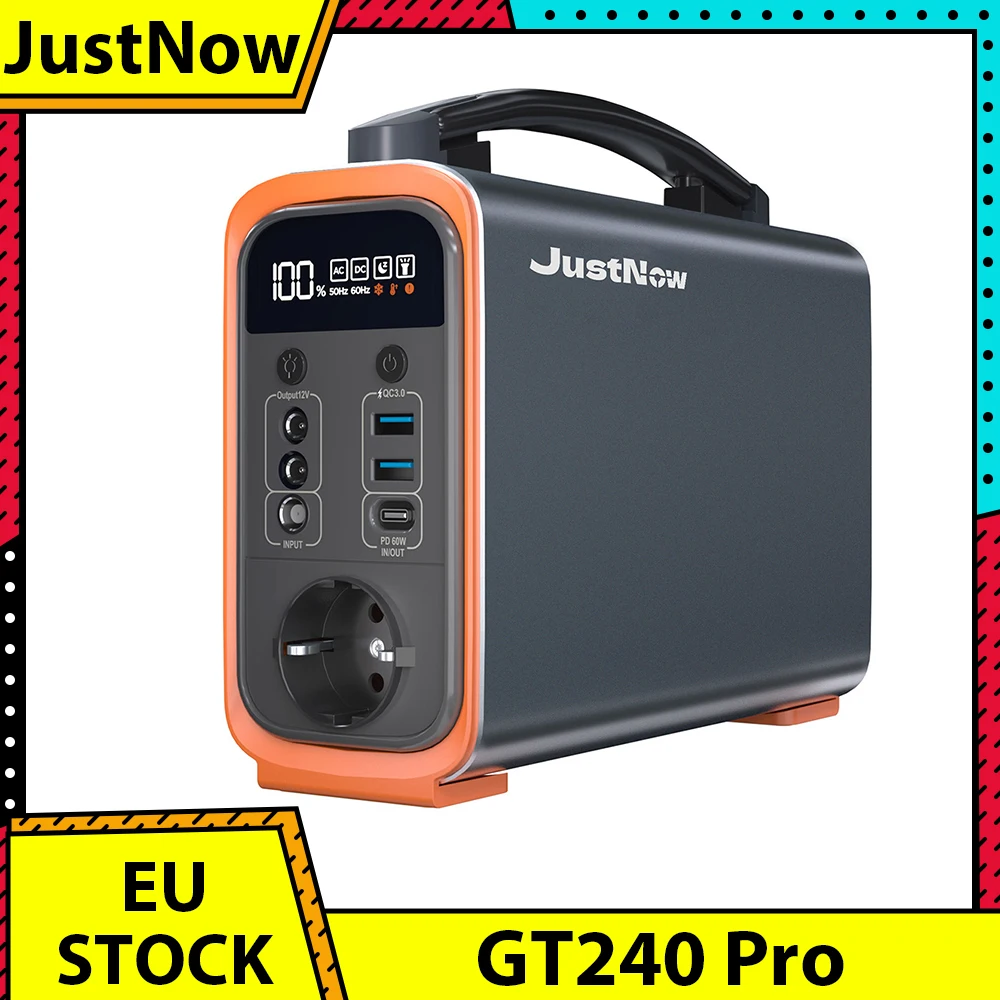 JustNow GT240 240W Portable Power Station, 240Wh LiFePO4 Battery Solar Generator, PD 60W Fast Charging, LED Light, 6 Outputs