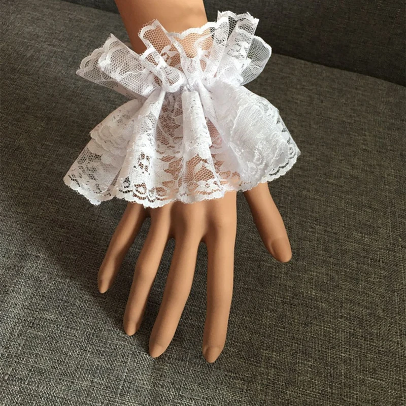 Lolita-Puños de muñeca con volantes de encaje desmontable para niñas puños falsos elásticos blancos y negros accesorios de Cosplay