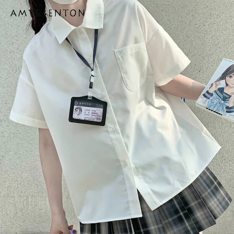 

2024 New Summer Casual Style JK Uniform White Blue Short-Sleeved Shirt Lapel With Pockets Loose Fashion Versatile Top For Girls