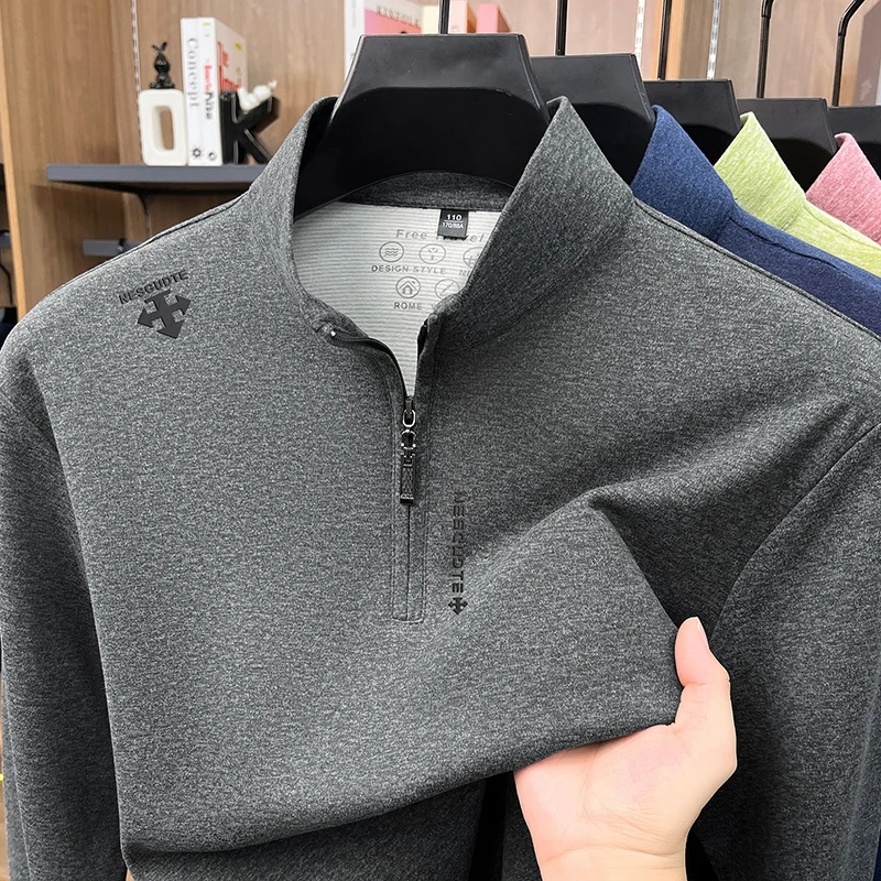 Light luxury brand stand collar long sleeve T-shirt men's fashion new letter embossed solid color casual half zipper sweatshirt