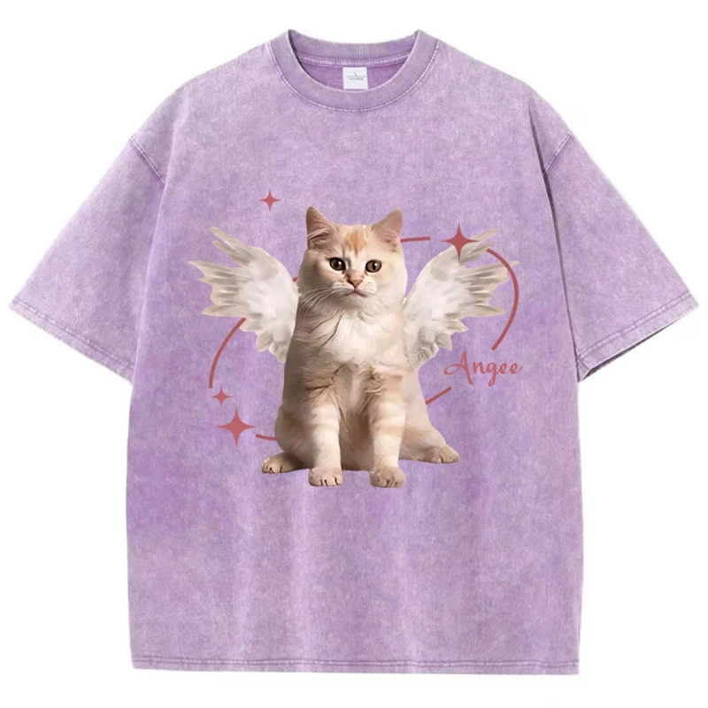 Frauen Baumwolle gewaschen T-Shirts Mode All-Mathe verzweifelt lose Kurzarm niedlichen Engel Kätzchen Druck Tops Sommer Straßen kleidung