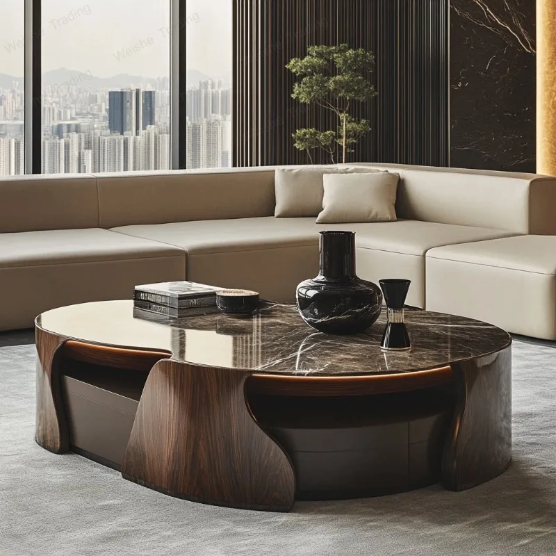 European-style luminous marble coffee table living room, square modern, large flat-floor luxury stone light luxury villa