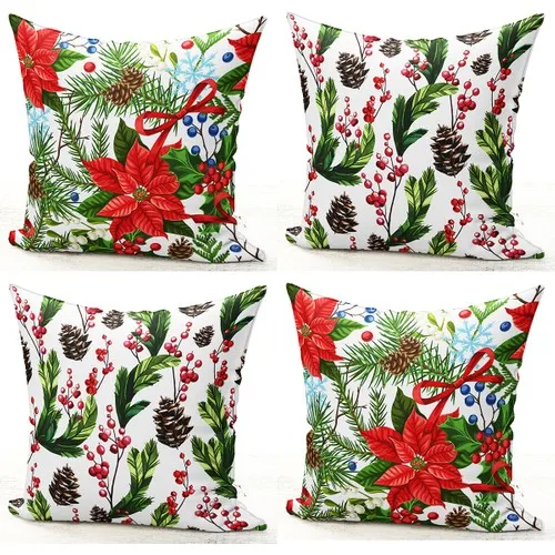 Bk Home Decor Decorative Christmas Themed 4'lü Pillow decorate Case Set