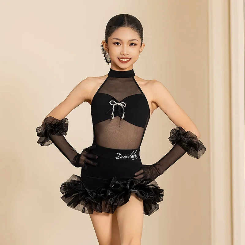 

New Latin Dance Costume Children Tango Waltz Competition Clothes Girls Samba Training Wear Performance Dress With Gloves