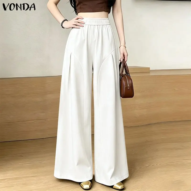 VONDA Fashion Women Wide Leg Pants Summer Autumn Solid Color Long Trousers Streetwear Oversize OL Work Party Casual Pleated Pant