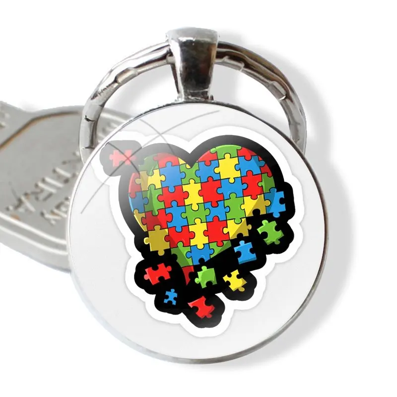 Autism Awareness Keychain Handmade Glass Cabochon Key Ring Holder Pendant Key Chains