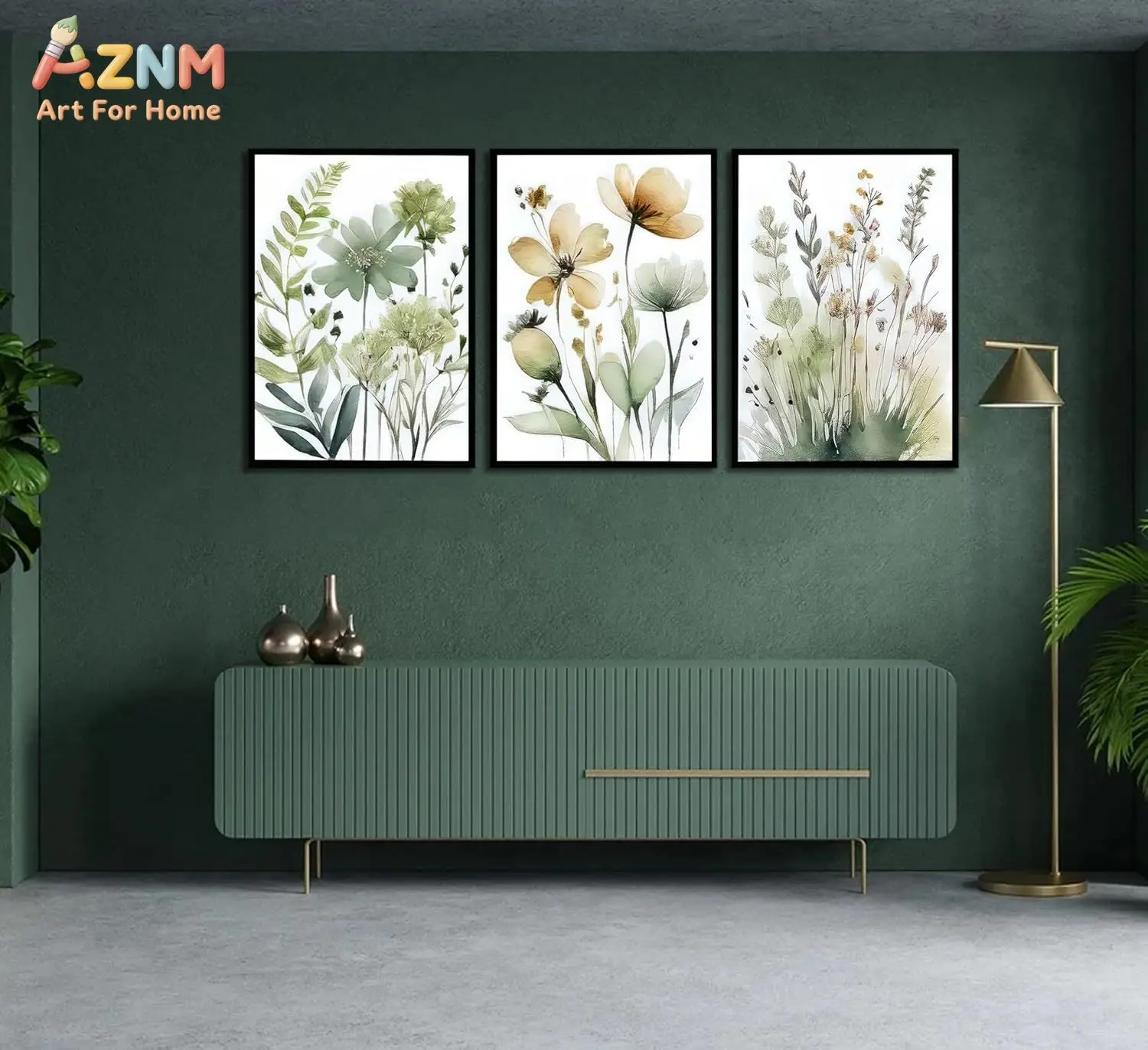 3PCS Watercolor Green Beige Wildflower Botanical Canvas Prints Neutral Floral Wall Art Posters Unframed for Living Room Bedroom