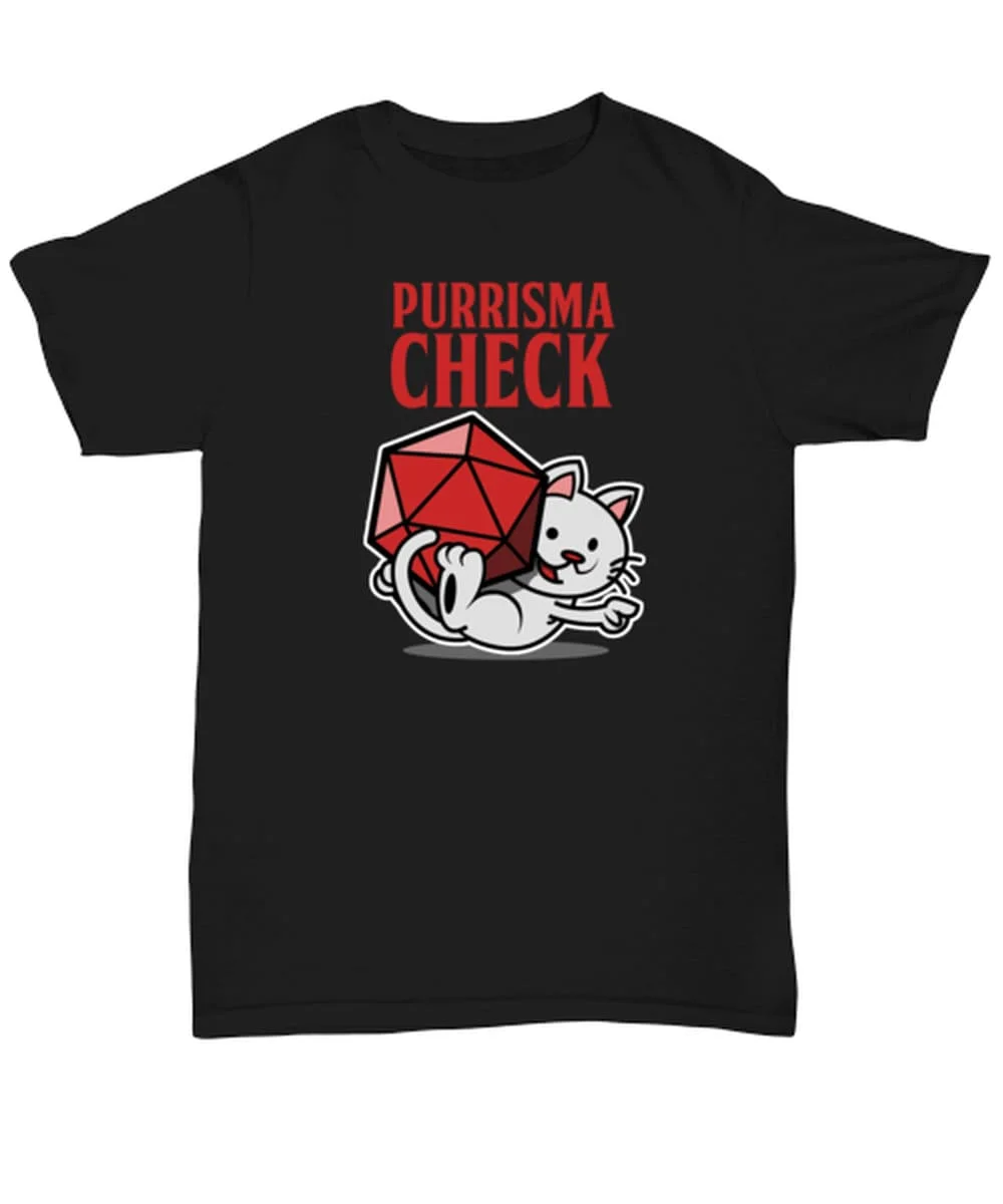 Purrisma Check T Shirt Funny Cat Dnd D20 Roll For Charisma Roleplaying Dungeon Master