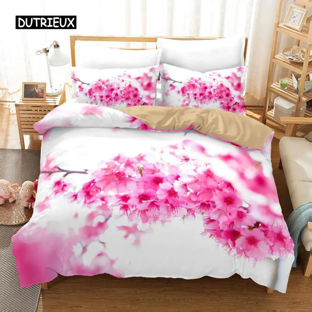 3D Peach Blossom Duvet Cover Set Blooming Flower Pattern Bedding Set Microfiber Spring Floral Theme Soft 2/3pcs Comforter Cover