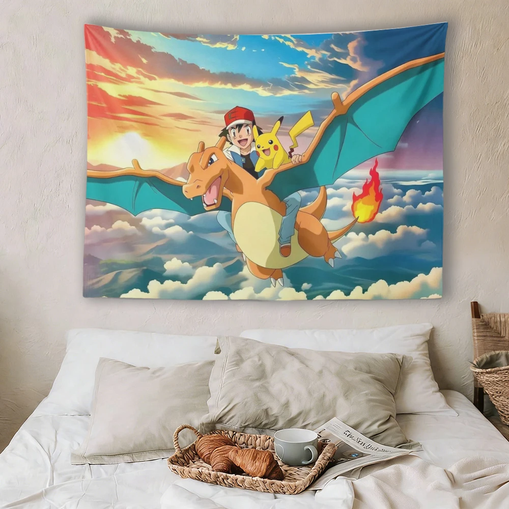 Tapiz de Pokémon Ash, Charizard y Pikachu, Decoración de Pared con Escena de Vuelo al Atardecer, Decoración de Anime para Dormitorio o Sala de Estar