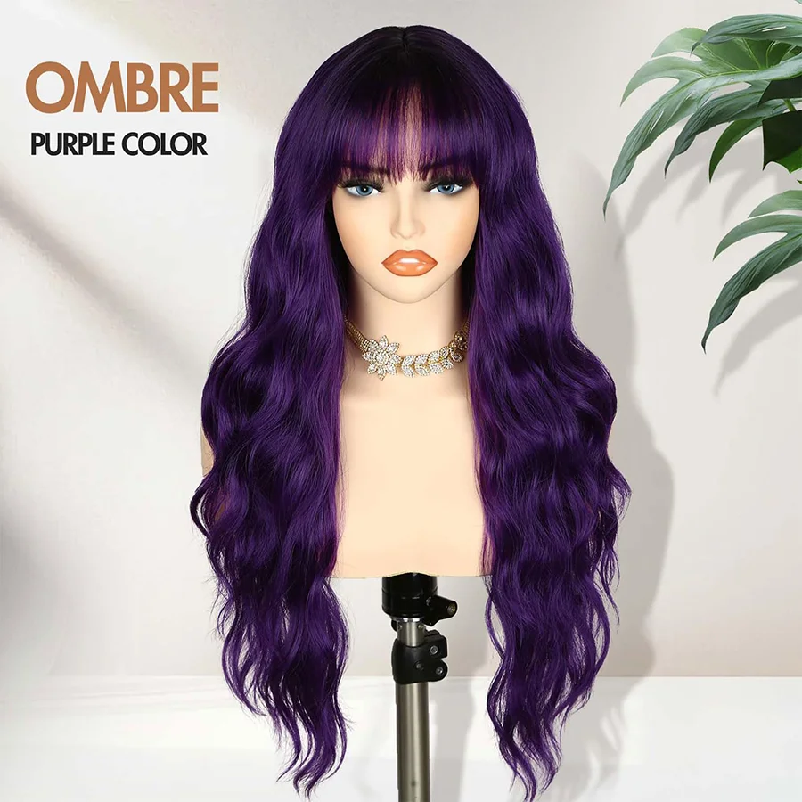 26 Inches Purple Wig with Bangs Ombre with Dark Roots Heat Resistant Synthetic Wavy Curly Hair for Cosplay Women Daily Party