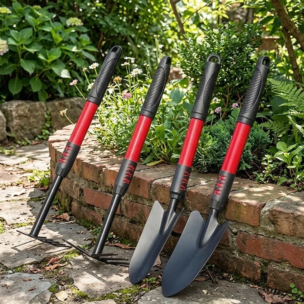 4 Piece Garden Tools Set Stainless Steel Rake Hoe Trowel Shovel with Ergonomic Handles for Reduced Hand Fatigue