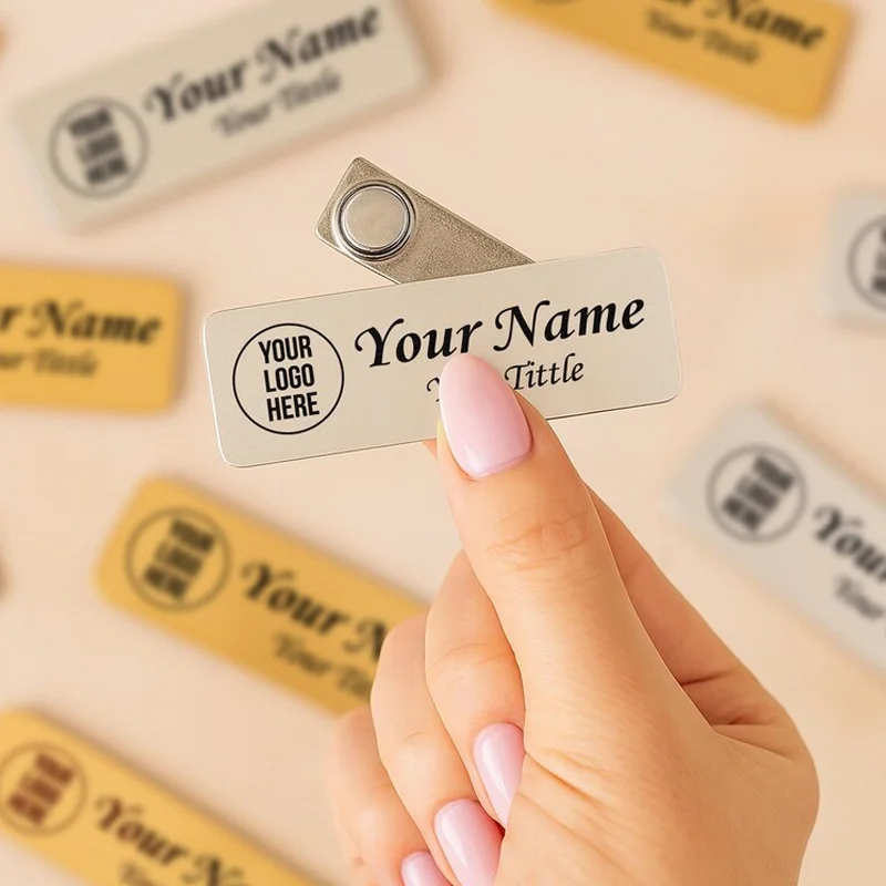 7x2CM Free Engraving Logo Brooches Pin Personalized Engraved Your Text Business ID Plate Steel Metal Tag Customized Name Badges